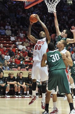 Junior A.J. Hardeman scores on this play.  Hardeman had four points at the half against Eastern New Mexico.