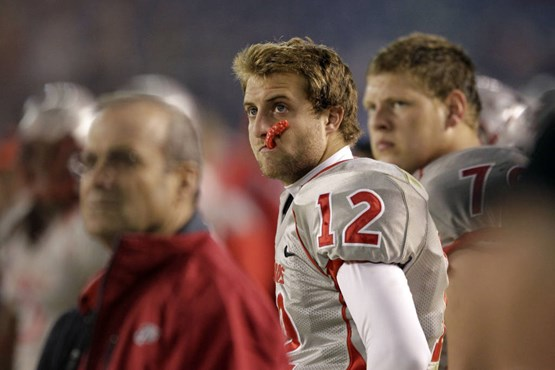 New Mexico quarterback B.R. Holbrook (12) looks on in the fourth quarter. (AP Photo/Gregory Bull)