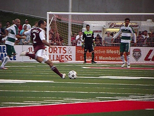 The free kick from Nick LaBrocca got through a maze of players but was wide.