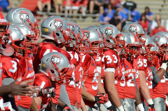 The Lobos line up during pregame warm-ups, readying themselves for Boise State.