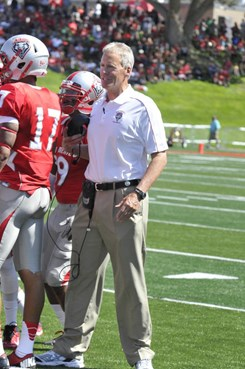 Head Coach Bob Davie laughs on the sideline during the Lobos game vs. Southern. Davie's squad took a 45-6 lead into halftime. (Dave Benyak)