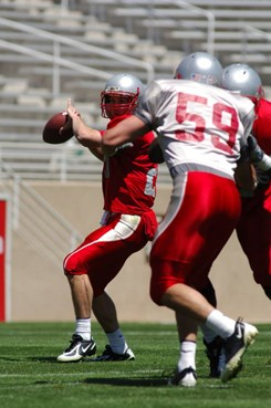 QB Tate Smith fires this pass during the scrimmage.  Smith split time with the Cherry and Silver Saturday.  He had 157 yards and one TD in the game.